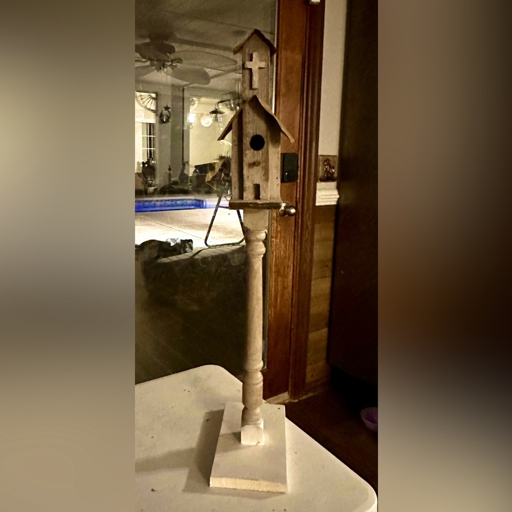 Vintage Handmade Church Birdhouse on a pedestal stand. Made of solid wood